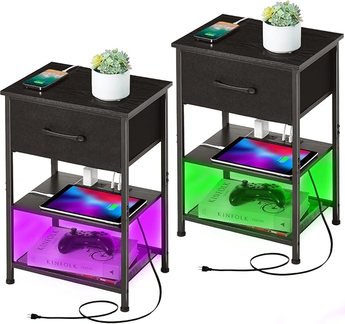 Nightstands Set of 2 with Charging Station and Drawer, End Table Side Table by LAKEMID