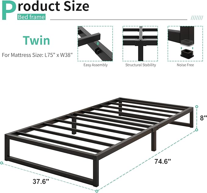 8 Inch Twin Bed Frames Heavy Duty Metal Twin Platform Bed Frame No Box Spring - Image 2