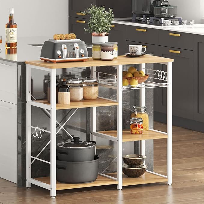 soges Kitchen Bakers Rack with 5 Hooks, Microwave Stand, Coffee Bar Station - Image 2