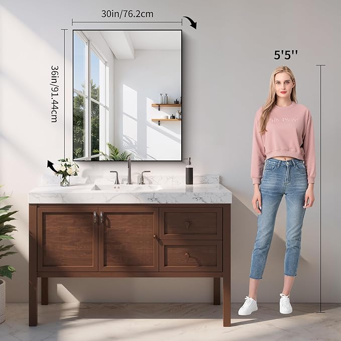 YIROMAN Bathroom Mirror 30"x36", Brushed Silver Bathroom Mirror - Image 5