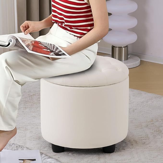 Furniliving Upholstered Button Tufted Round Ottoman, PU Storage Ottoman Round - Image 7