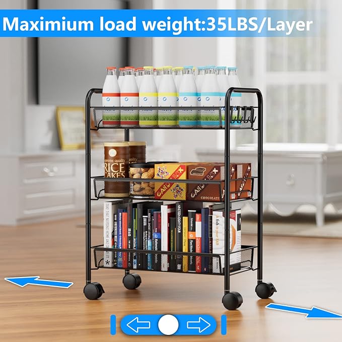 OVICAR Mesh Wire 3 Tier Rolling Cart, Kitchen Storage Utility Cart, Full Metal - Image 4