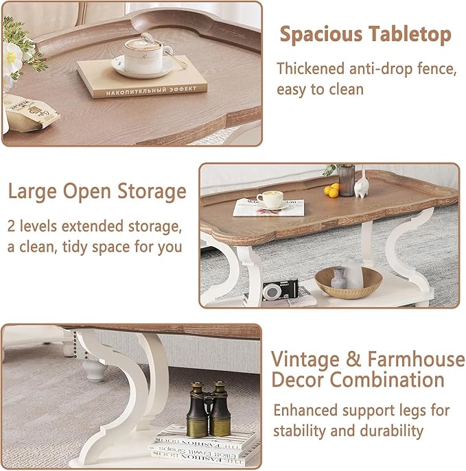 Function Home Farmhouse Coffee Table, Rustic White Cocktail Table - Image 5
