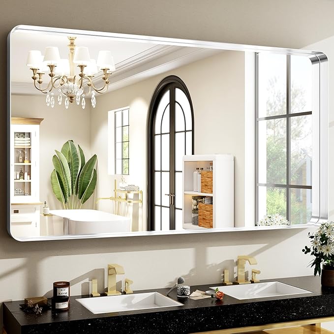 48 x 30 Inch Silver Bathroom Mirror, Rectangular Wall Mounted Shatterproof by EASLY