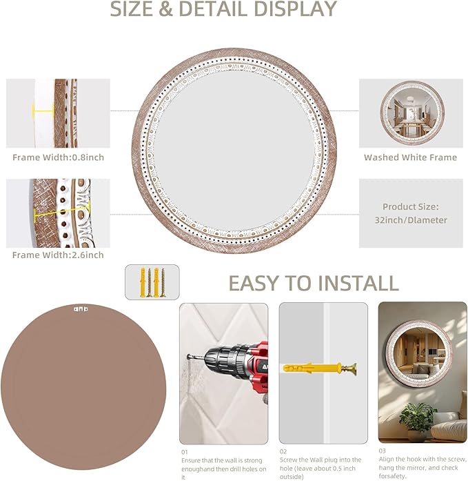 32" Farmhouse Wooden Decorative Round Mirrors - Image 2