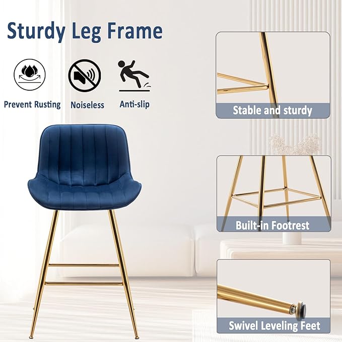 Sidanli Blue Bar Stools Set of 2, 24 Inch Velvet Counter Height Bar Stools - Image 6