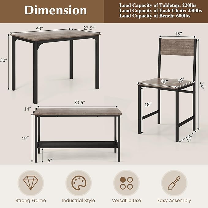 Tangkula Dining Table Set for 4, Kitchen Table and 2 Chairs for 4 - Image 6