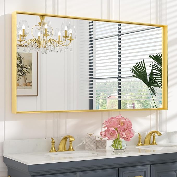 Keonjinn Gold Bathroom Vanity Mirror 55" x 30" Rectangle Large Wall Mirror by Keonjinn