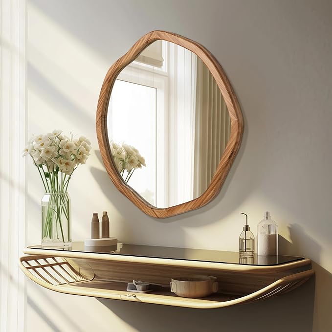 ULIKE Round Wood Mirror, 30 Inch Asymmetrical Circle Vanity Mirror - Image 3
