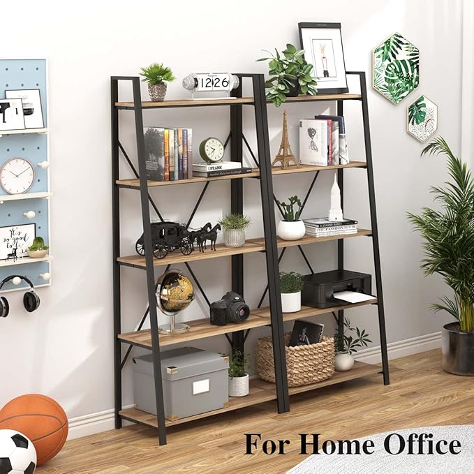 BON AUGURE Industrial 5 Tier Ladder Bookshelf, Wood and Metal Ladder Shelf - Image 7
