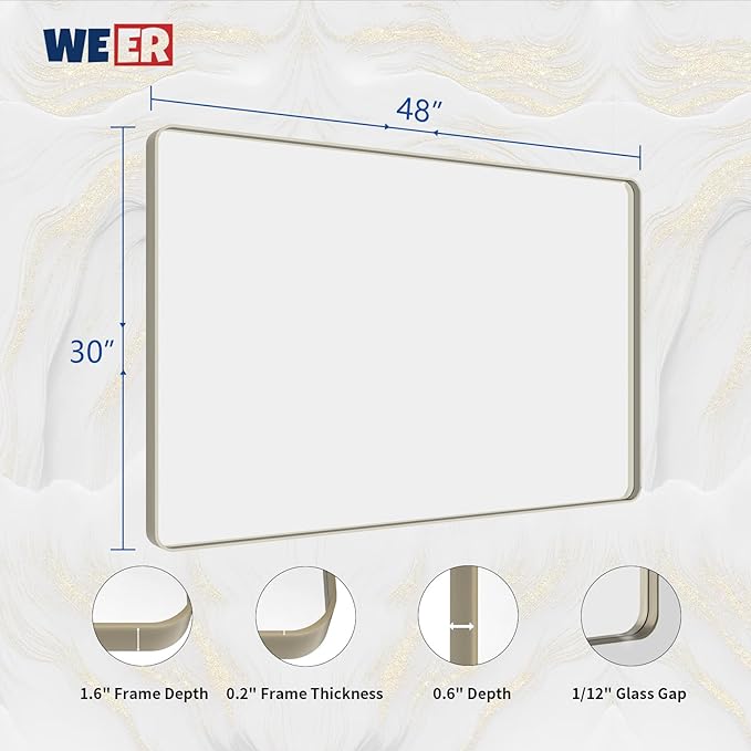 WEER 48X30 Inch Brushed Nickel Bathroom Mirror, Brushed Silver Metal Frame - Image 6
