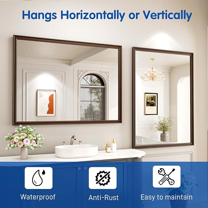WEER Retro Copper Bathroom Mirror, 48x36 Inch Bronze Oil Rubbed Framed Mirror - Image 6