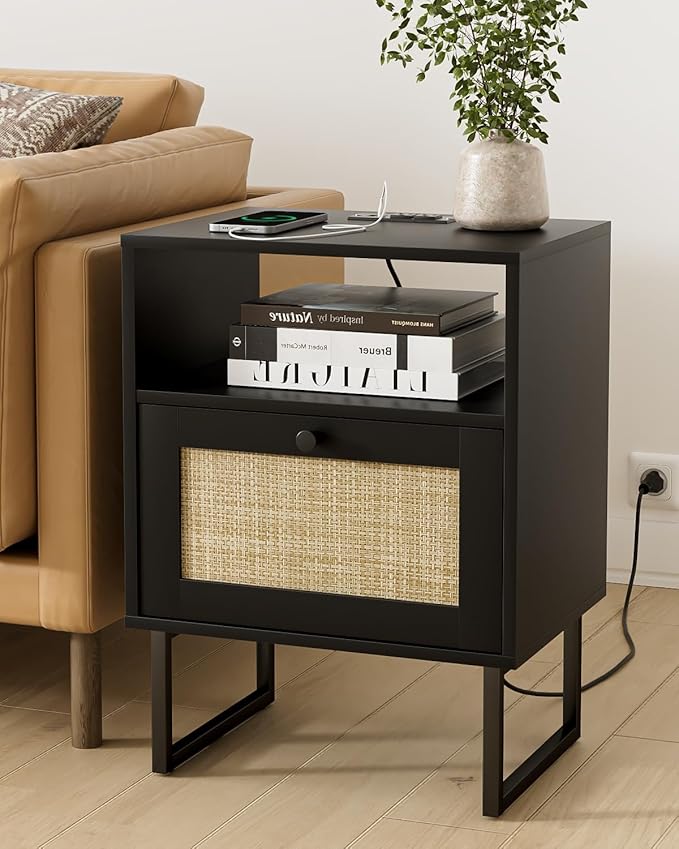 Rattan Nightstand with Charging Station, Mid Century Modern Night Stand by Unknown