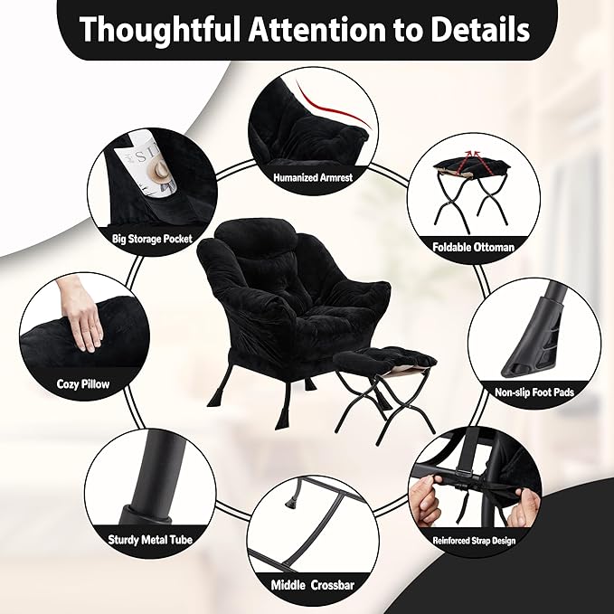 Lazy Chair with Folding Ottoman, Accent Chair Plush Upholstered with Metal - Image 6