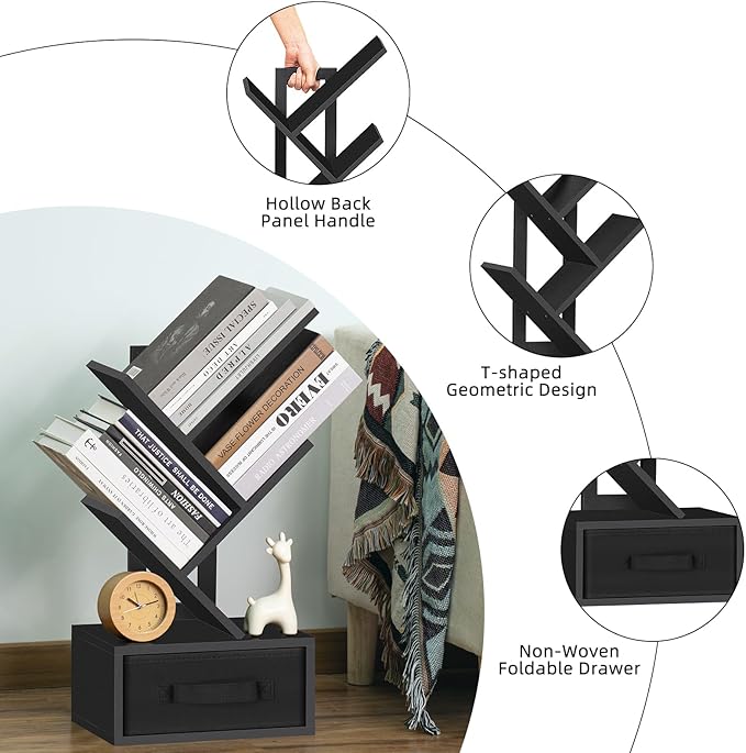 Small Book Shelf with Drawer, 4 Tier Black Tree Bookshelf, Wooden Desktop - Image 6