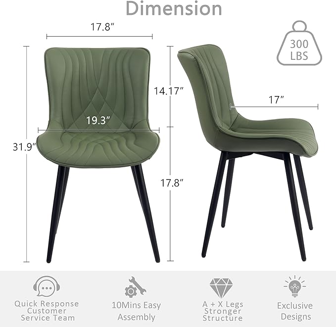 Kidol & Shellder Bean-Green Dining Chairs Set of 2, Upholstered Mid Century - Image 3