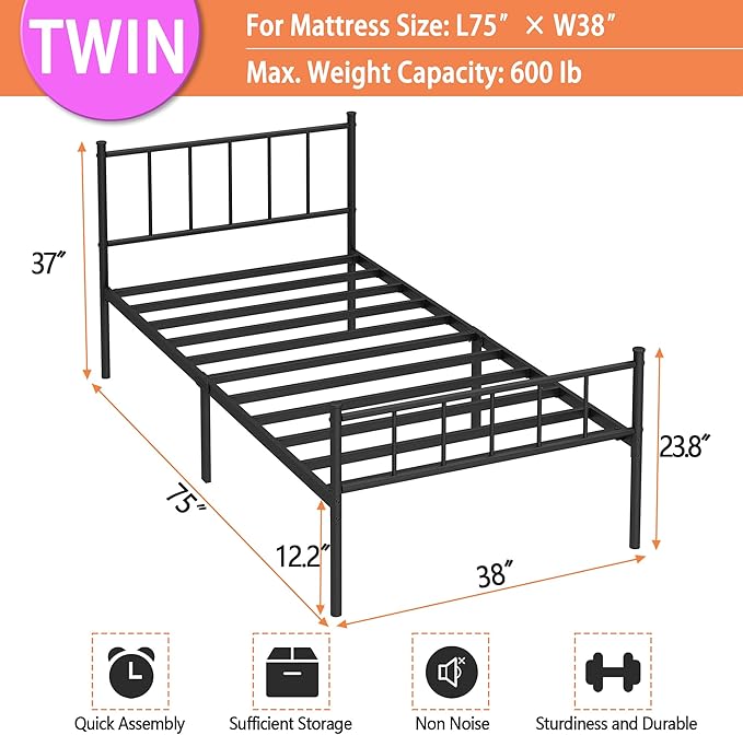Twin Bed Frame-Classic Metal Platform Bed Frame, Mattress Foundation - Image 2