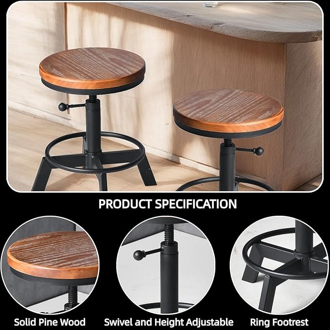 Set of 2 Industrial Bar Stools Short Stool Swivel Wooden Seat Kitchen Island - Image 3