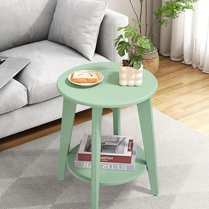 Round Side Table Green Wooden End Table - Image 2