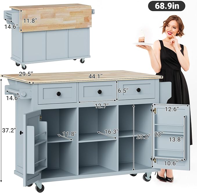 Rovibek Kitchen Island with Drawers 53 in Rolling Island Cart Mobile Portable - Image 2