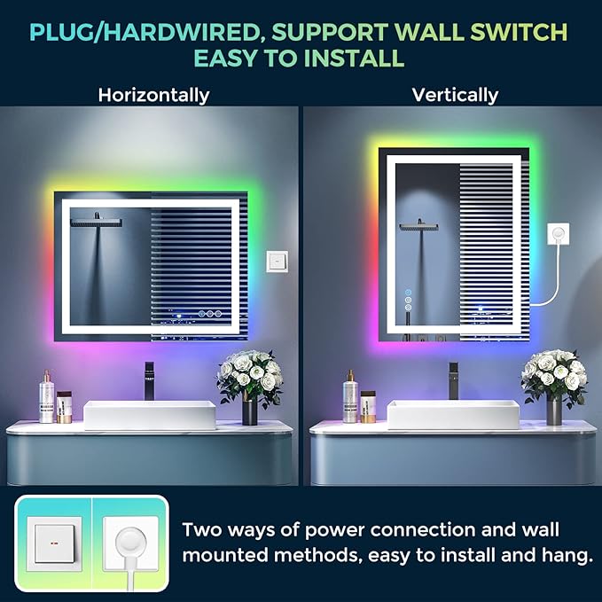 24x32 Inch RGB LED Bathroom Mirror Front Light and RGB Backlit Lighted Vanity - Image 7