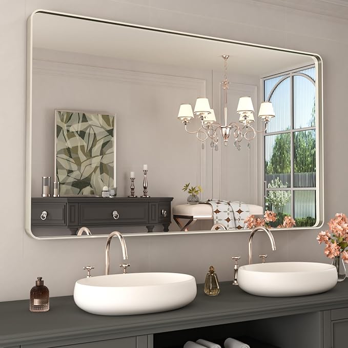 WEER 50X30 Inch Brushed Nickel Bathroom Mirror, Brushed Silver Metal Frame by WEER
