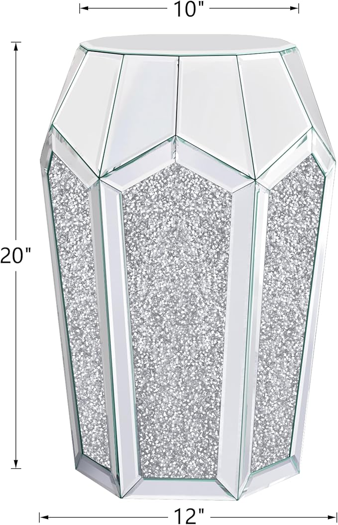 ENENE Mirrored End Table Crystal Diamond Setting Coffee Table Silver Glass Side - Image 2
