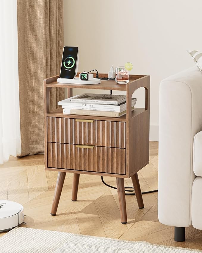 Nightstand with Charging Station and LED Lights, Modern Bedside Table with - Image 8