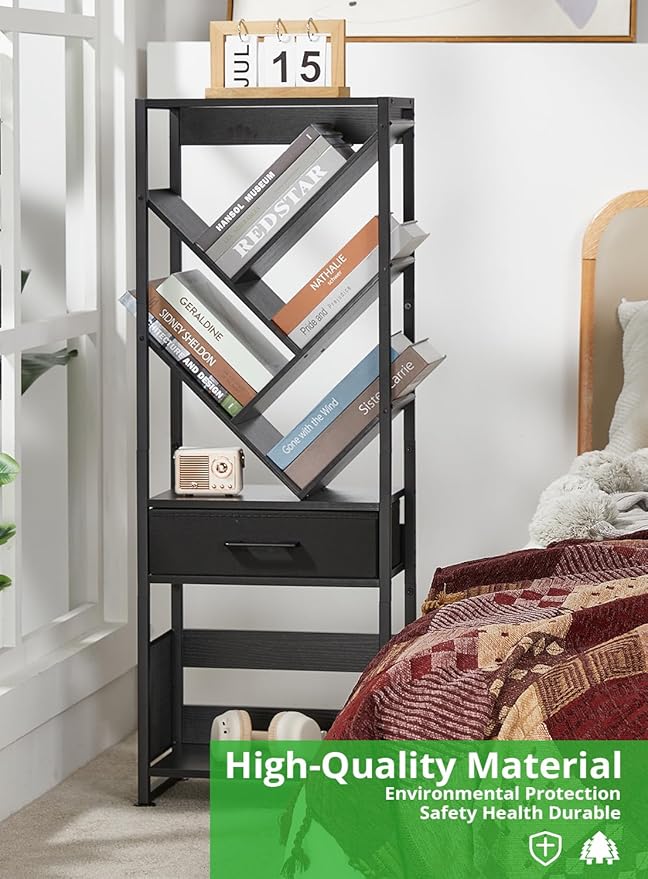 Bookshelf with Drawer, 8 Tier Tree Bookcase Retro Floor Standing Bookshelves - Image 7