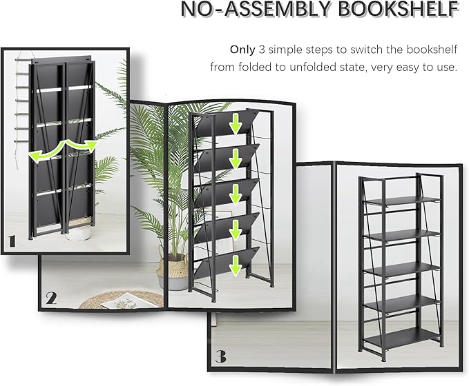 4NM No Assembly Folding Bookshelf, 5-Shelf 62.2" H Collapsible Foldable - Image 7