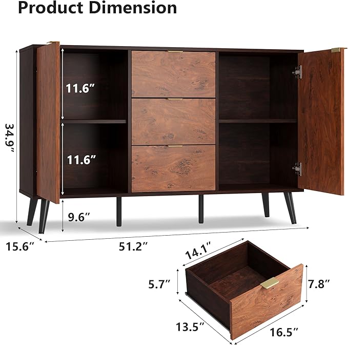 GarveeHome Buffet Cabinet with Drawers, 51.2'' Large Sideboard Buffet Credenza - Image 2