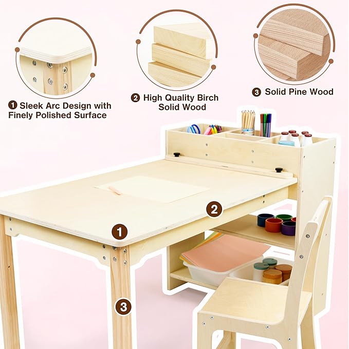 Kids Art Table and Chair Set, Birch Wooden Activity Craft Table, Kids Drawing - Image 3
