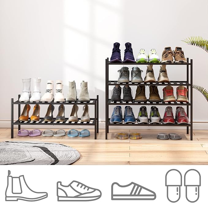 4-Tier Black Bamboo Shoe Rack for Entryway, Stackable | Foldable | Natural - Image 4
