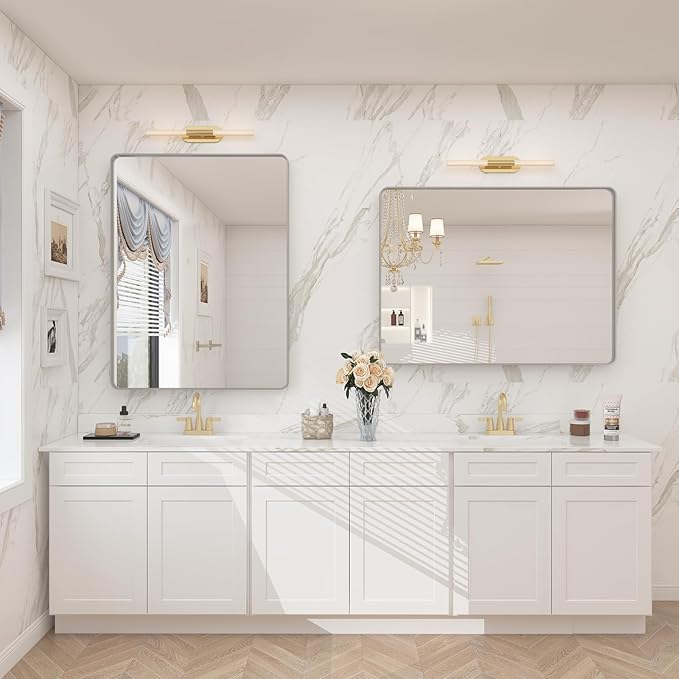 24x30 Inch Silver Bathroom Mirror, Brushed Metal Framed Vanity Mirror - Image 4