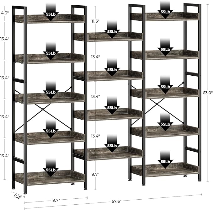 Rolanstar Bookshelf 5 Tiers, Triple Bookcase - Image 3