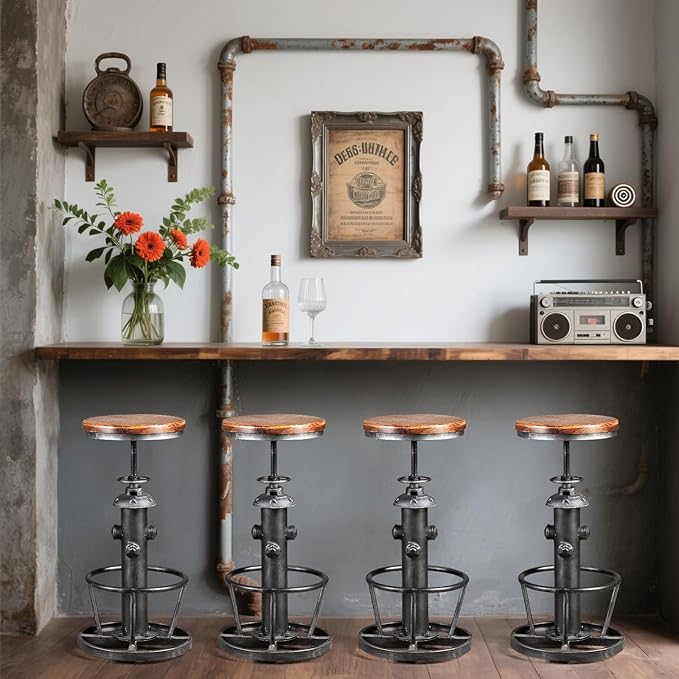 Topower Antique Industrial Round Bottom Adjustable Height Cafe Coffee Retro - Image 2