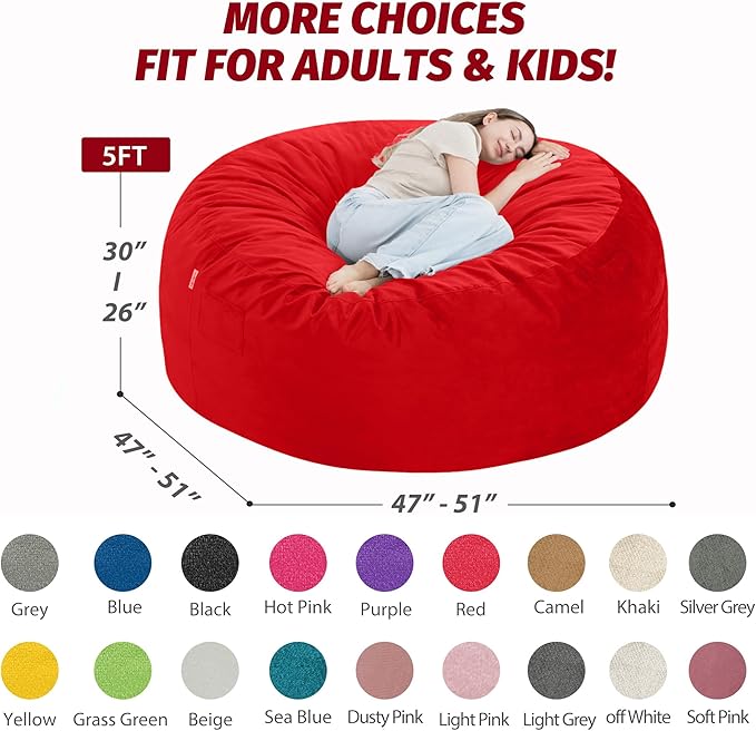 5FT Bean Bag Chair with Ultra Soft Velvet Cover Bean Bag Sofa with Memory Foam - Image 3