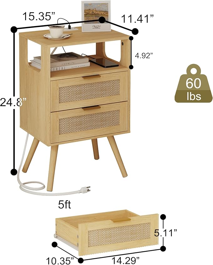 Rattan Nightstand with Charging Station, Modern Bedside Table with 2 Storage - Image 2