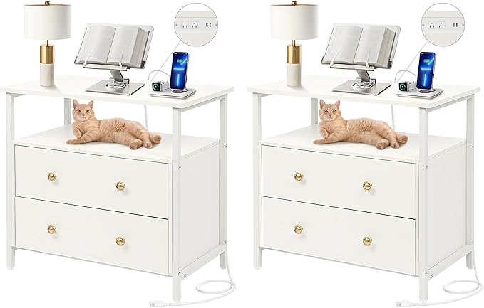 27 inch Wide Nightstand with Charging Station, Bedside Table with Open Shelf by Edbuosy