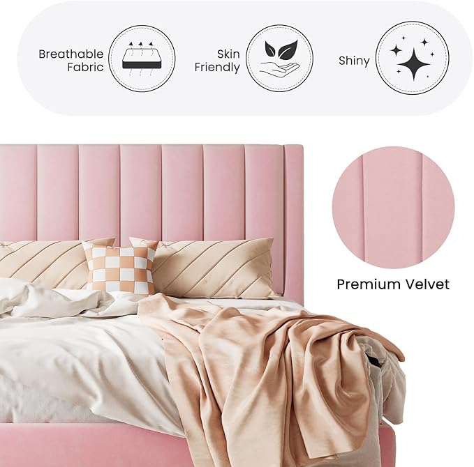 SHA CERLIN Twin Bed Frame/Velvet Upholstered Platform Bed Frame - Image 4