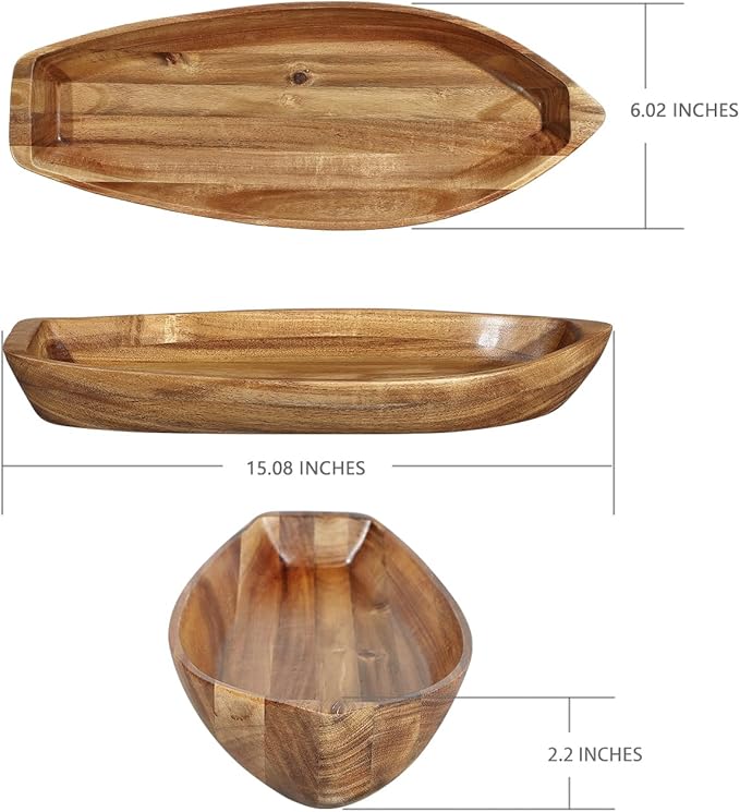 Lucky Boat Serving Tray, Acacia Solid Wood Boat Shape Plate - Image 5