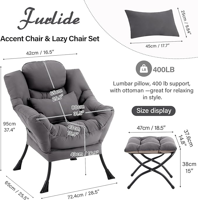 Lazy Chair with Ottoman, Comfy Fabric Accent Lounge Arm Chair with Lumbar - Image 3