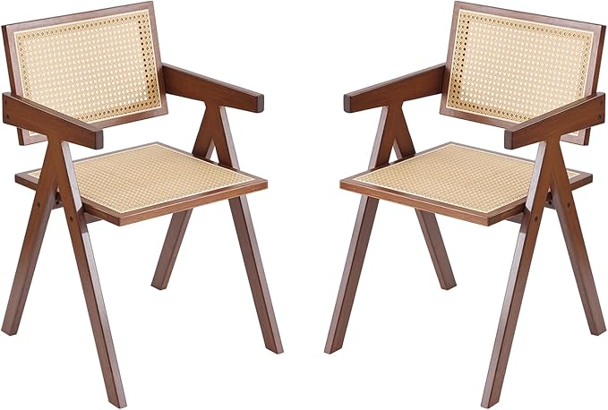 Tiita Rattan Dining Chairs Set of 2, Mid Century Modern Armchairs, Wooden by TiitaHome