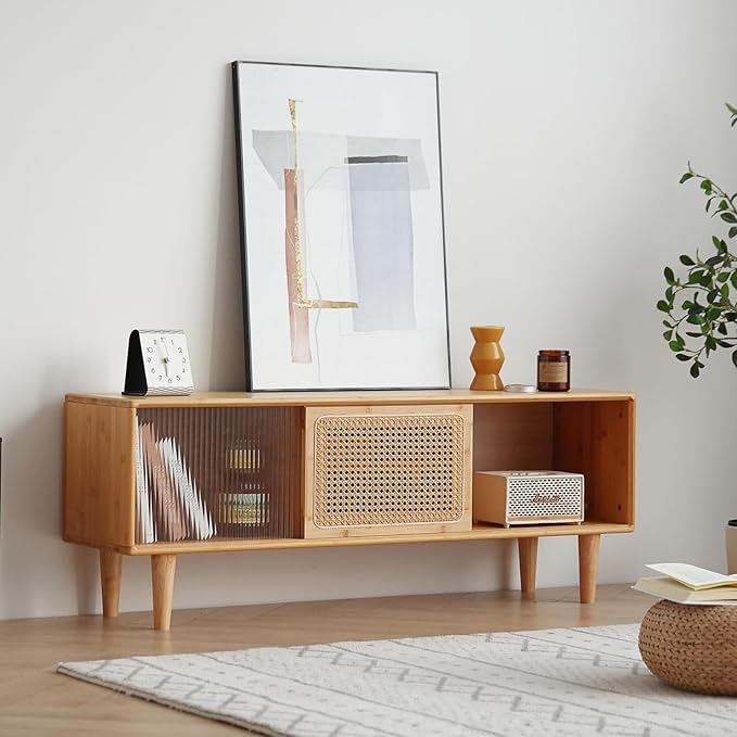 Welnow Rattan TV Stand for Up to 55 Inch, Mid Century Modern Bamboo - Image 8