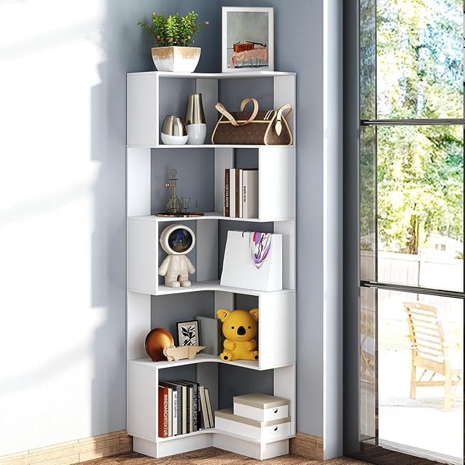 Corner Bookshelf, 68.9" Tall Wooden Corner Bookcase 5 Tiers L-Shaped Storage by GOOFCXO