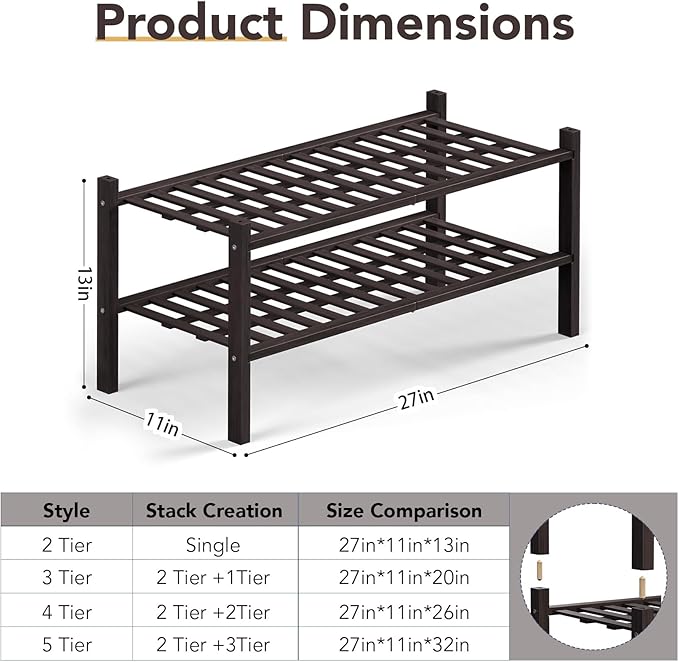 Haddockway 2 Tier Bamboo Shoe Rack Storage Organizer, Small Space 27"x11"x13" - Image 3