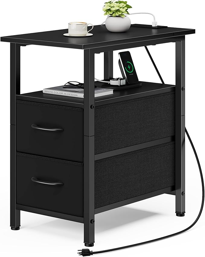 Vagusicc Black End Table with Charging Station, Narrow Side Table, 23.8'' Tall by Vagusicc