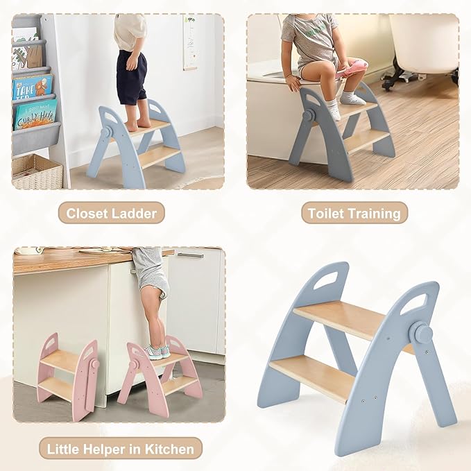 Wooden 2 Step Stool for Kids Bathroom Sink Foldable Anti-Slip 2-Step for Toilet - Image 2