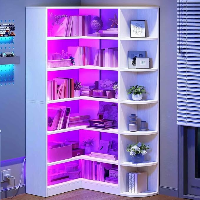 YITAHOME Corner Bookshelf with LED Light, 6 Tier Corner Shelf White Bookshelf by YITAHOME