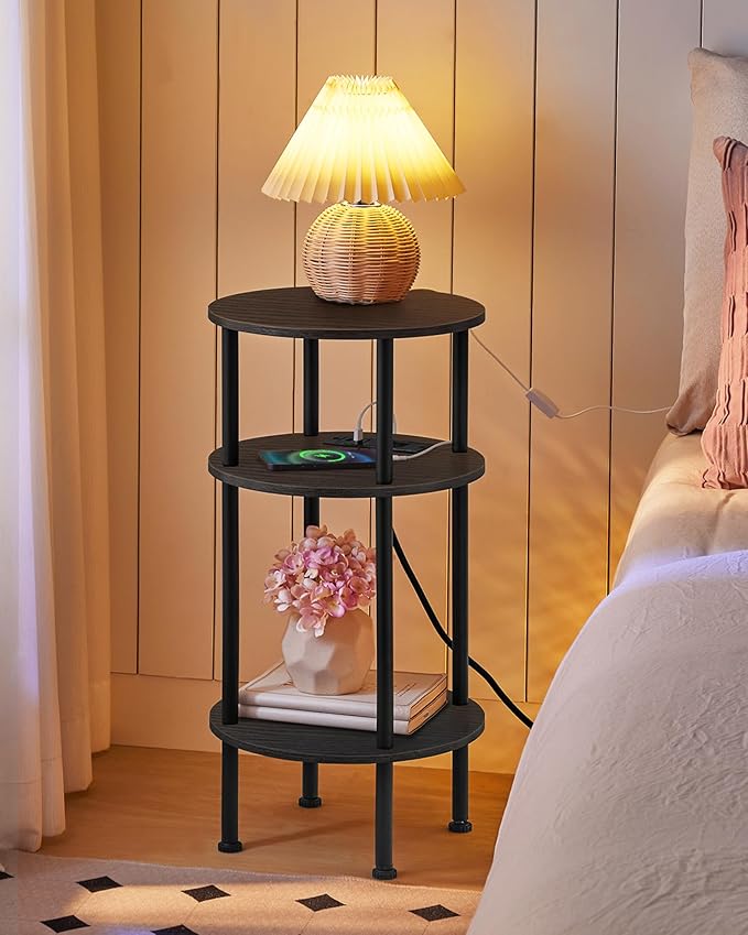 Small Round Side Table with Charging Station, 3-Tier Round End Table - Image 4